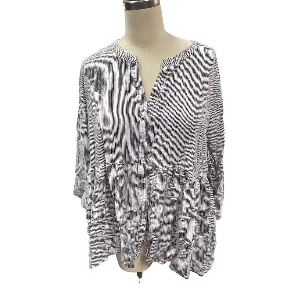 Cynthia Rowley Stripe 3/4 Sleeve Button-Front Blouse Top 2X Rayon Black & White